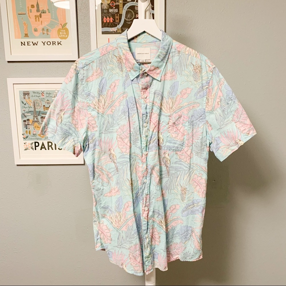 American Eagle Hawaiian Tropical Print Shirt, Light Blue, Pink, XL
